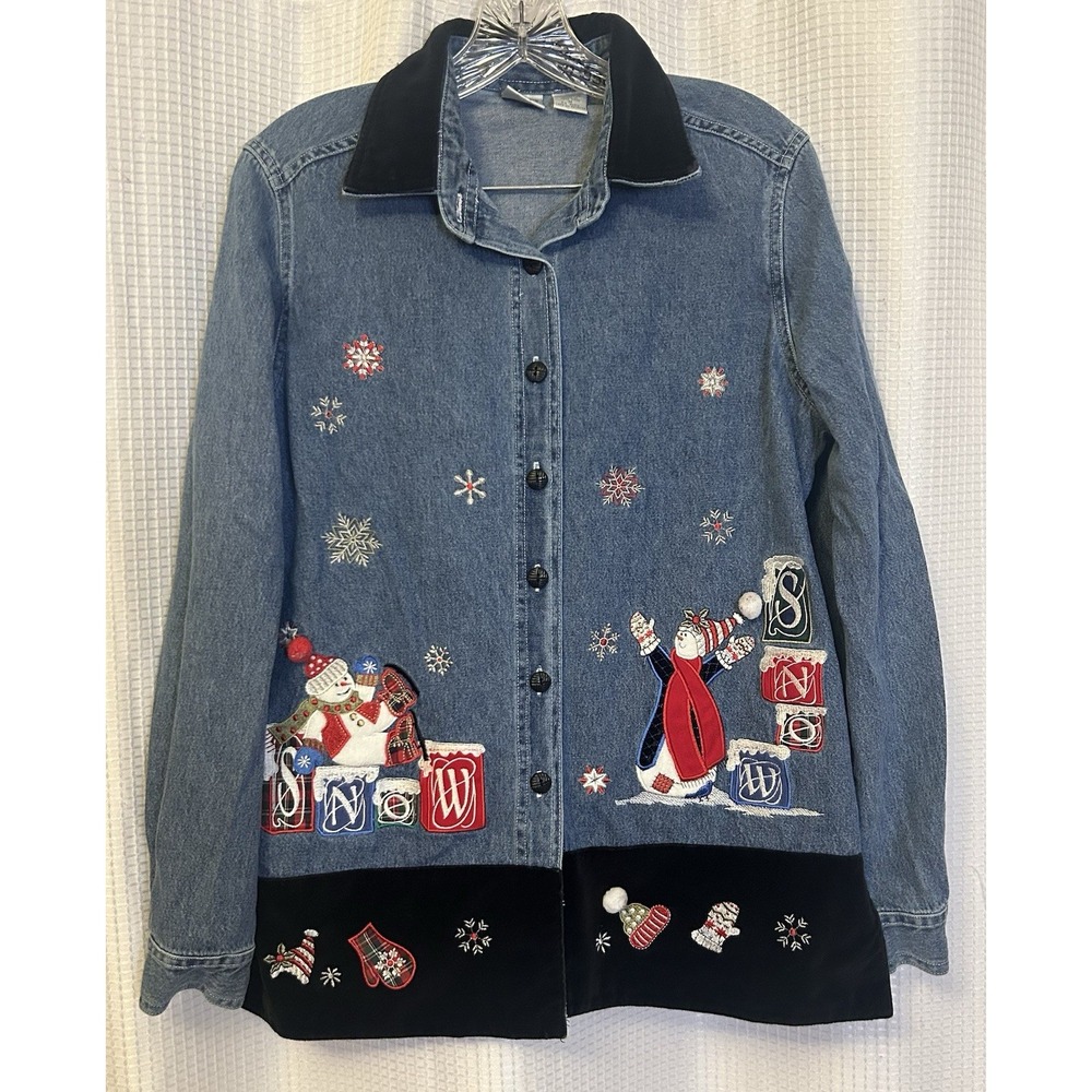 VTG 90s Y2K Quizz Again Snowman Christmas Embroidered Denim Shirt Women's Size M